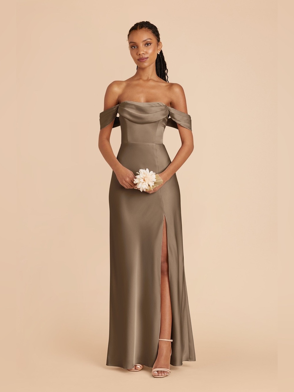 Off-Shoulder Satin Evening Gown in Olive
